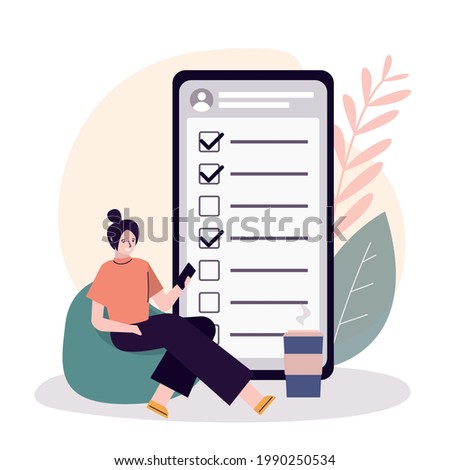 Sitting girl notes completed tasks in application. Female character marks check marks in checklist. Mobile phone app. To-do list on smartphone. Time management and planning. Vector illustration
