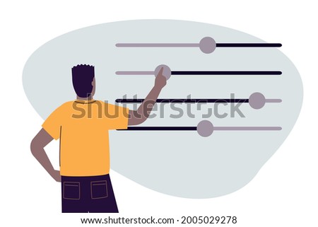 African American man moves different sliders. Black guy adjusts various parameters. Concept of custom settings. User customize settings. System adjust, control panel. Back view. Vector illustration
