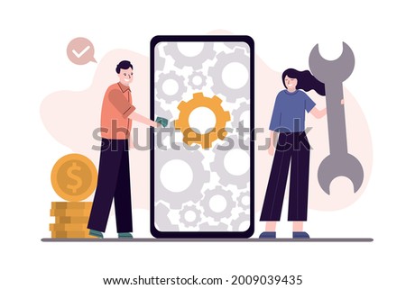 Female worker with wrench tunes man's smartphone. Repair woman customize settings on mobile phone. Many gears on phone screen. Concept of customization and custom settings. Flat vector illustration