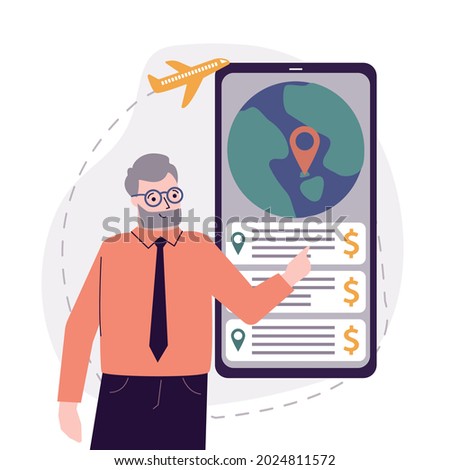 Old man choose place to travel on phone screen. Elderly tourist searching country in mobile app for vacation. Concept of choosing summer recreation for older. Airplane travels. Vector illustration