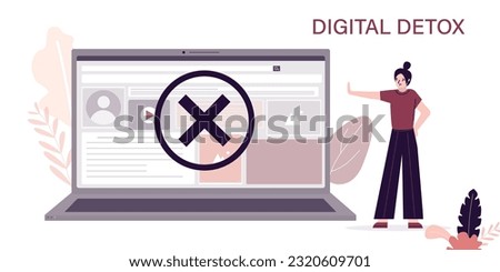 Social network fatigue, addiction. Young woman stop sharing and using media content. Various apps and notifications on laptop screen. Dependence on gadgets. Digital detox. flat vector illustration
