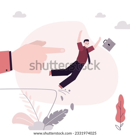 Giant hand pushes businessman off cliff into abyss. Wrong business recommendations, unsuccessful trading signals on stock market. Dismissal of staff, layoffs, unemployment. Bankruptcy, loss of money.
