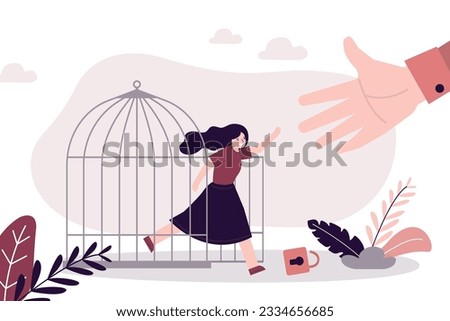 Big hand helping woman to leave cage. Psychological support, solving mental problems. Female character steps out of prison. Freedom, taking new opportunities. Equality, feminism. Human rights. vector