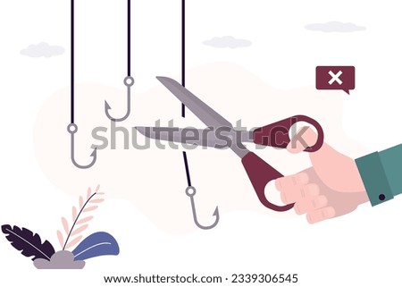 Businessman hand uses scissors and cut off various fishing hooks. Fight against scam, internet phishing. Smart user does not become victim of scammers and thieves. Bait, deceit. vector illustration