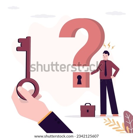 Businessman search and not find answers.  frustrated employee holds question mark. Uncertainty concept. Business trainer help overcoming business obstacles, giant hand give key. vector illustration