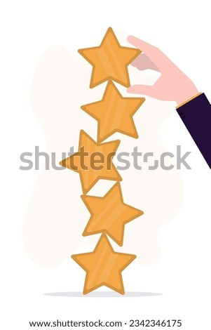 Giant hand puts stars in stack. 5 star review, high quality rating. feedback, appreciation of high level grade, evaluation ranking sign, businessman giving highest mark. flat vector illustration.