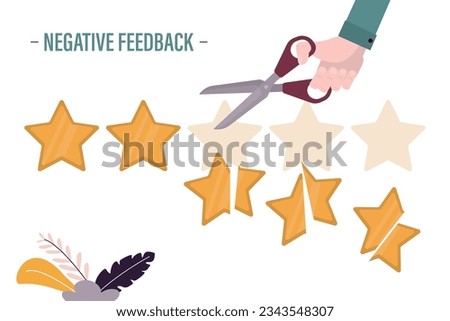 Client hand uses scissors and cut rating. Negative review, landing page template. Testimonials, customer negative feedback. Grading system, clients rank. Business low level, bad quality. flat vector