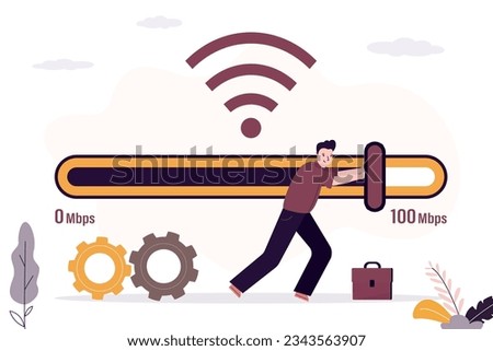 Male user speeds up wireless internet. Smart engineer moves slider on measuring scale. Wi-fi signal quality improvements, speed optimization. Tariff plan with fast internet. flat vector illustration