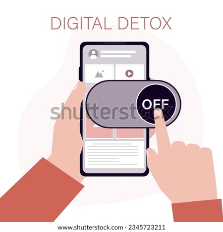 Hands push big off button on screen of mobile phone. Digital detox, user turned off smartphone. Freedom from digital addiction. tech free. Problems of social media and cyber dependence. flat vector