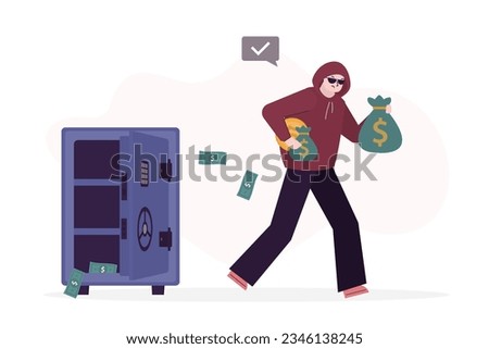 Thief character commit, robbery crime, burglar with stolen money run away. Empty open safe. Robber in dark glasses and hood trying to loot bank. Gangster theft, illegal. flat vector Illustration