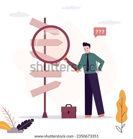 Businessman uses magnifying glass for search right way on crossroad. Making business decision, career path, direction of work or choosing right path to success. Difficult decision. vector illustration