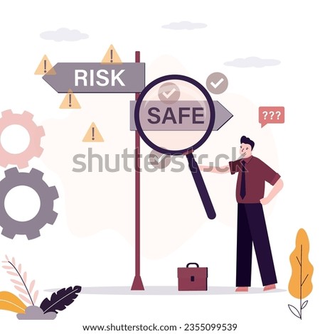 Businessman uses magnifying glass and make decisions and choices. Way of life and career. choose path of risk or safety. Risk management, Smart man thinking about select right way. vector illustration