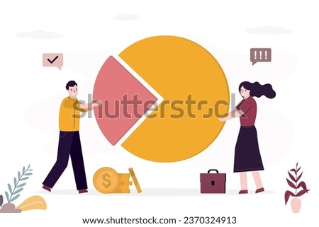 Business people holds pie chart. Market share percentage of industry sale. Company shareholder, investors or owner who hold percentage or company share assets, market distribution, holding stock share