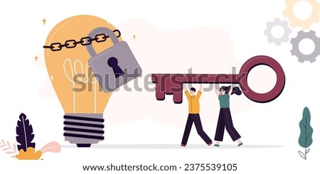 Group carry giant key to light bulb with lock. Key or way to discover new innovations, unlock team creativity for success. New business ideas to achieve goals, secret knowledges and opportunities.