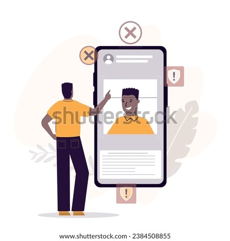 Refusal to unlock, mobile security system prevent illegal access to smartphone. Thief trying to log in. Face ID technology, facial recognition system, biometric authentication, information protection