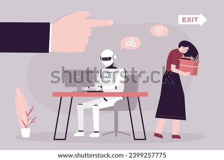 Dismissal concept, staff reduction. Boss replacing female employee on robot. Worker woman leaving office with stuff in box. High efficiency, automation, futuristic technologies. vector illustration