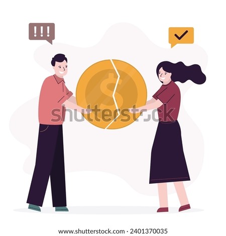Couple connects parts of dollar coin, general budget, family finances. The co-founders add funding. Business development. vector illustration