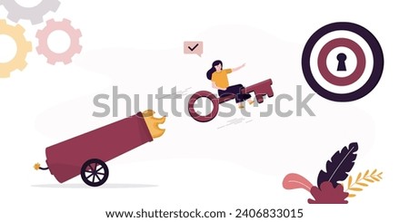 Businesswoman shoots from cannon, female character sitting and flying on key at target. Ambition to achieve new goals, unlock new skills. Self-confidence, looking opportunities, overcoming obstacles.