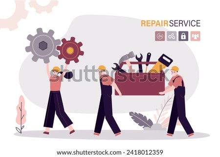 Team of technicians or repair man carrying toolbox with various tools. Woman worker carries new spare parts. Maintenance service, repairman fixing problems and broken mechanism. vector illustration