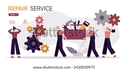 User with broken gears, accident. Team of technicians or repair man carrying toolbox with various tools. Woman worker carries new spare parts. Maintenance service, repairman fixing problems. vector