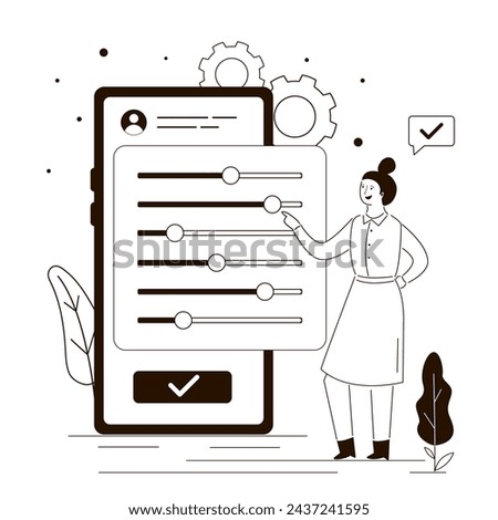 Woman user sets up personal account. Various settings on mobile phone screen. Cute women customize profile settings smartphone. Customization and improvement concept. Linear flat vector illustration