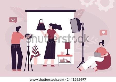 Professional photographer or photo artist shooting model with bag for advertising and magazine. Photographing and creative occupation, working process. Photo studio, creative team. Vector illustration