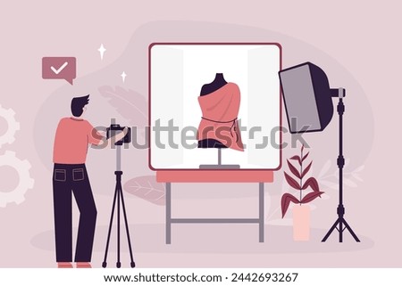 Professional photographer or photo artist shooting dress on a mannequin for advertising and magazine. Photographing and creative occupation, working process. Photo studio. flat vector illustration