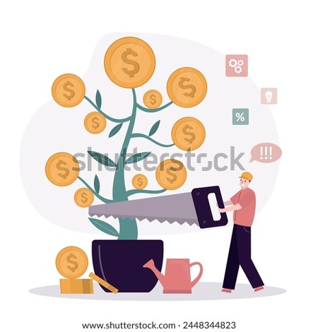 Business competition, betrayal. Competitor cutting down a giant dollar tree with his razor sharp saw. Businessman cutting profit money tree. Bankruptcy, financial crisis. flat vector illustration