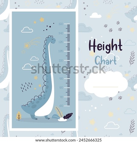 Kids height chart with cute dinosaur and measuring ruler. Kids height chart with cartoon dino. Meter wall or baby scale of growth in flat style. Place for text. doodle vector illustration