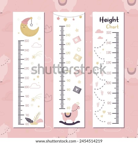 Kids meter wall with toys and measuring ruler. Set of kids height chart with cartoon infant toys. Meter wall or baby scale of growth in scandinavian style. doodle vector illustration