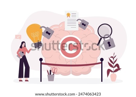 Woman lawyer or author protect copyright symbol, brain and various media content. Concept of intellectual property, copyright, authorship rights. Protecting patent or license. flat vector illustration