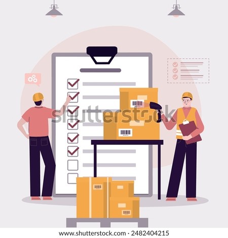 Warehouse workers checking inventories. Checking list of storage boxes. Manager scanning barcodes, worker counts quantity of goods. Work of packaging department for preparation of shipments. vector