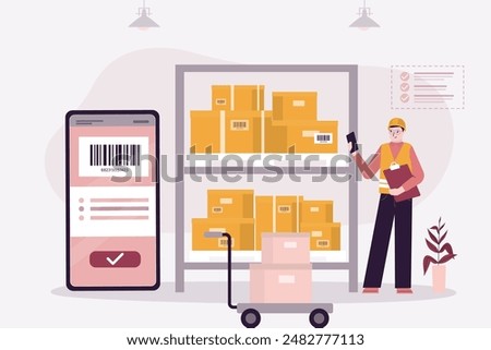 Warehouse worker checking boxes on storage. Manager scanning barcodes, mobile phone with app for counting and data checking, inventories. Work of packaging department for preparation of shipments.