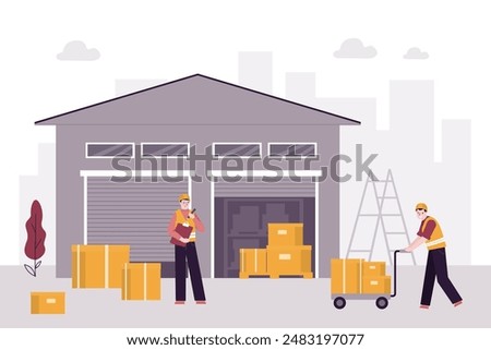 Warehouse building, workers checking inventories. Checking list of boxes on storage. Warehouse staff preparing products for shipment. Work of packaging department for preparation of shipments. vector