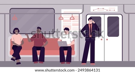 Group of multiethnic people in subway train. Inside metro carriage. Underground car. Various passengers use public municipal transport, MRT. Railway, metropolitan railroad urban transportation. vector