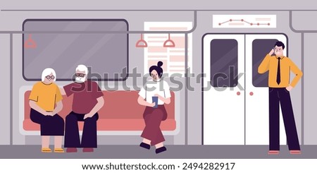 Group of people in subway train. Inside metro carriage. Underground car. Young and elderly passengers uses public municipal transport, MRT. Railway, metropolitan railroad urban transportation. vector