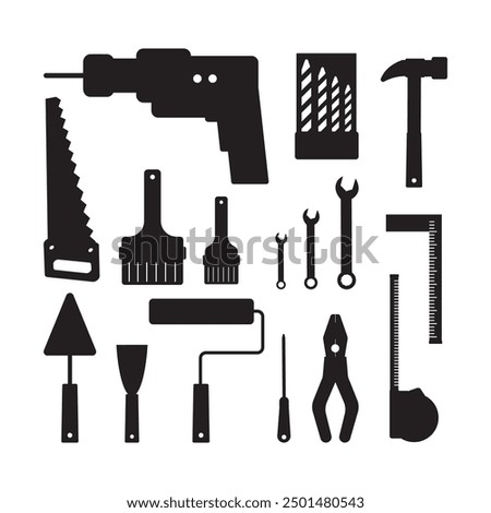 Collection of home repair tools, workman's toolkit. Set of icons building hand tools. Hammer, screwdriver, saw, pliers and others, black silhouettes isolated on white background. vector illustration