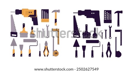 Collection of home repair tools, workman's toolkit. Set of icons building hand tools. Hammer, screwdriver, saw, pliers and others. Tools silhouettes isolated on white background. vector illustration