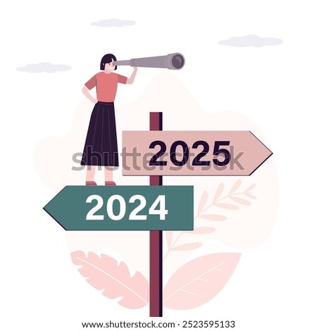 Woman standing on giant pointers. New 2025 year. Businesswoman uses spyglass for search right way on crossroad. Making business decision, forecast, career path, direction of work, opportunities.