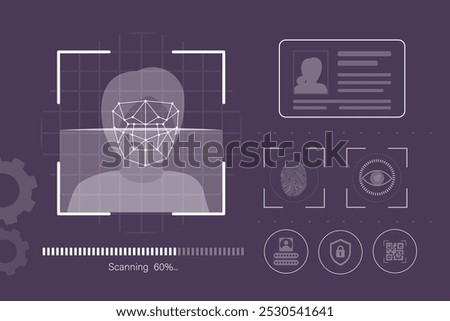 Face ID, facial recognition, biometric identification, personal verification, cyber protection, identity detection AI algorithms, artificial intelligence. Security, scanning. flat vector illustration