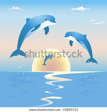 Three Beautiful Dolphins Are Jumping High Out Of The Deep Blue Sea On A ...