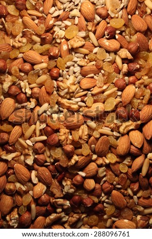 Raw seeds : pine buds, almonds, hazelnuts, sunflower seeds, raisins, walnut kernels