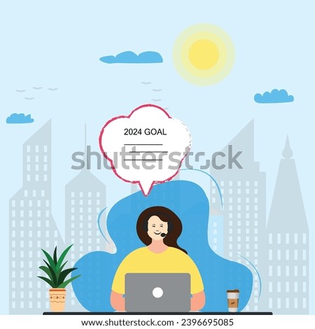 woman setting new year goals in front of computer.New Year 2024 resolutions,goals idea concept.