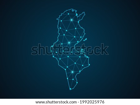 Tunisia map Abstract mash line and point scales on dark background. Wire Frame 3D mesh polygonal network line. Network line, design sphere, dot and structure vector.