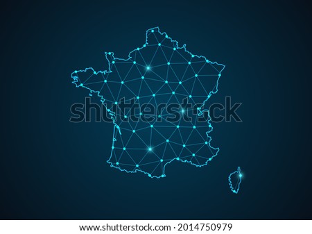 France map Abstract mash line and point scales on dark background. Wire Frame 3D mesh polygonal network line. Network line, design sphere, dot and structure vector.