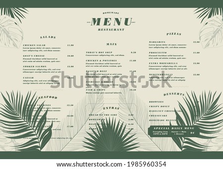 restaurant menu template with tropical leaves.Cafe menu restaurant brochure. Food design template.Food flyer.Restaurant Food Menu Design vector format eps10