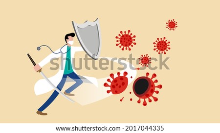 Male doctor wearing medical mask slash virus particles with katana sword and shield vector cartoon illustration
