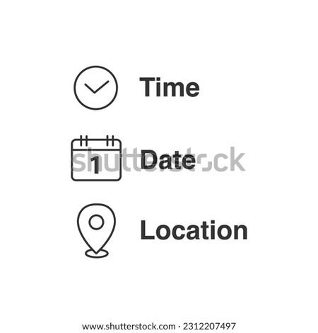 Date, time, and location icons in flat style vector illustration on isolated background.
