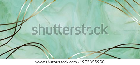 The golden line on green marble vector wallpaper, packaging, premium card. Jade texture illustration.