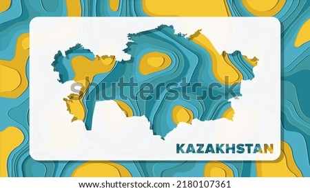 Kazakhstan Map with Paper Cut Waves Background Shape perfect for Greeting Card, Desktop Wallpaper, and Banner